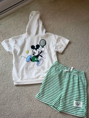 Disney Kids White Hoodie & Green Striped Shorts Matching Set